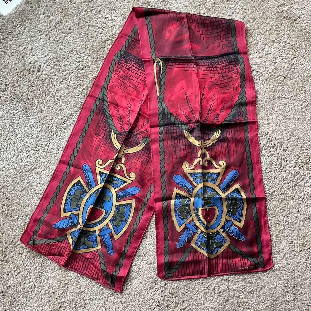 VTG Silk Scarf Elaine Gold Crest Shield Red Gold Equestrian Wrap 50
